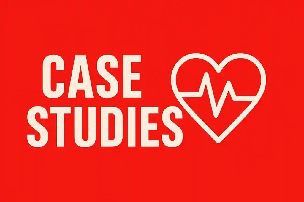 Case Studies text beside a heart-shaped ECG monitor icon on a bold red background