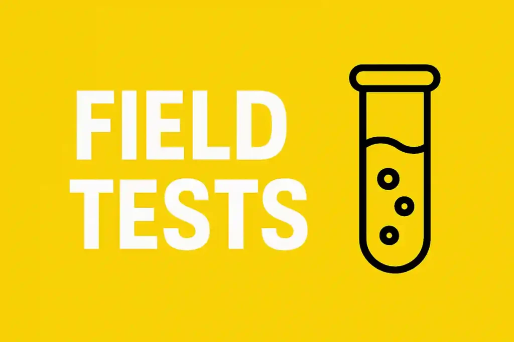 Field Tests text with a test tube icon containing liquid and bubbles on a bright yellow background