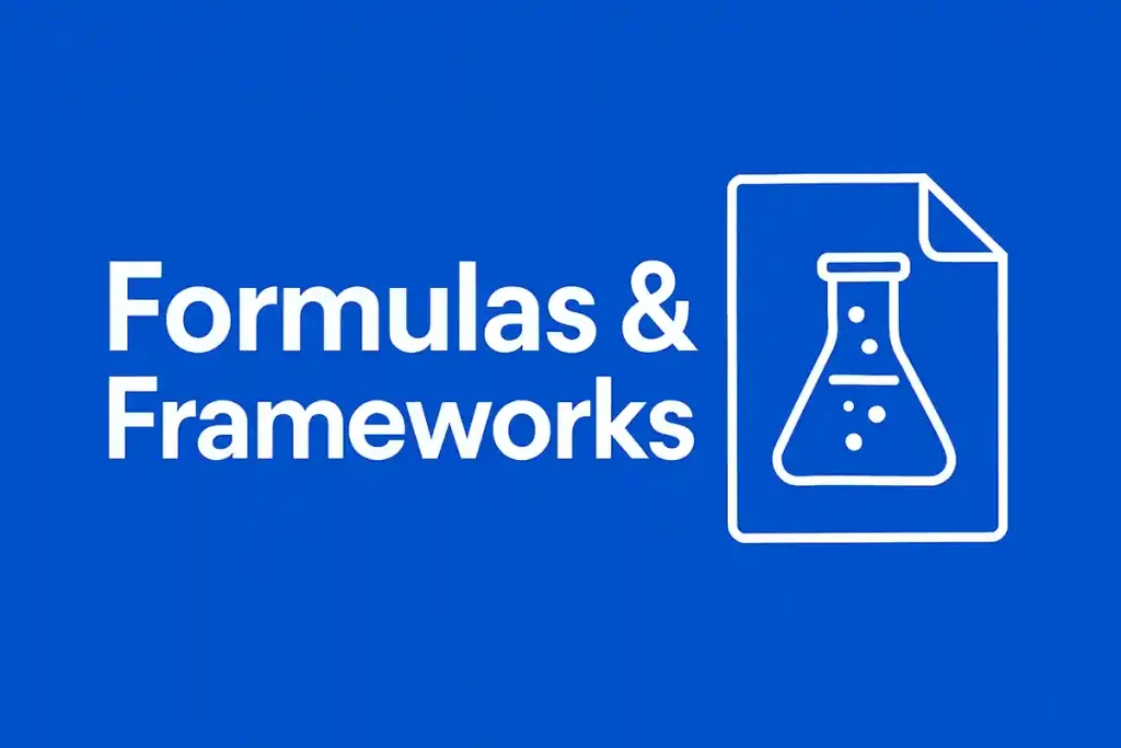 Formulas & Frameworks text next to a white beaker icon inside a document outline on a bright blue background