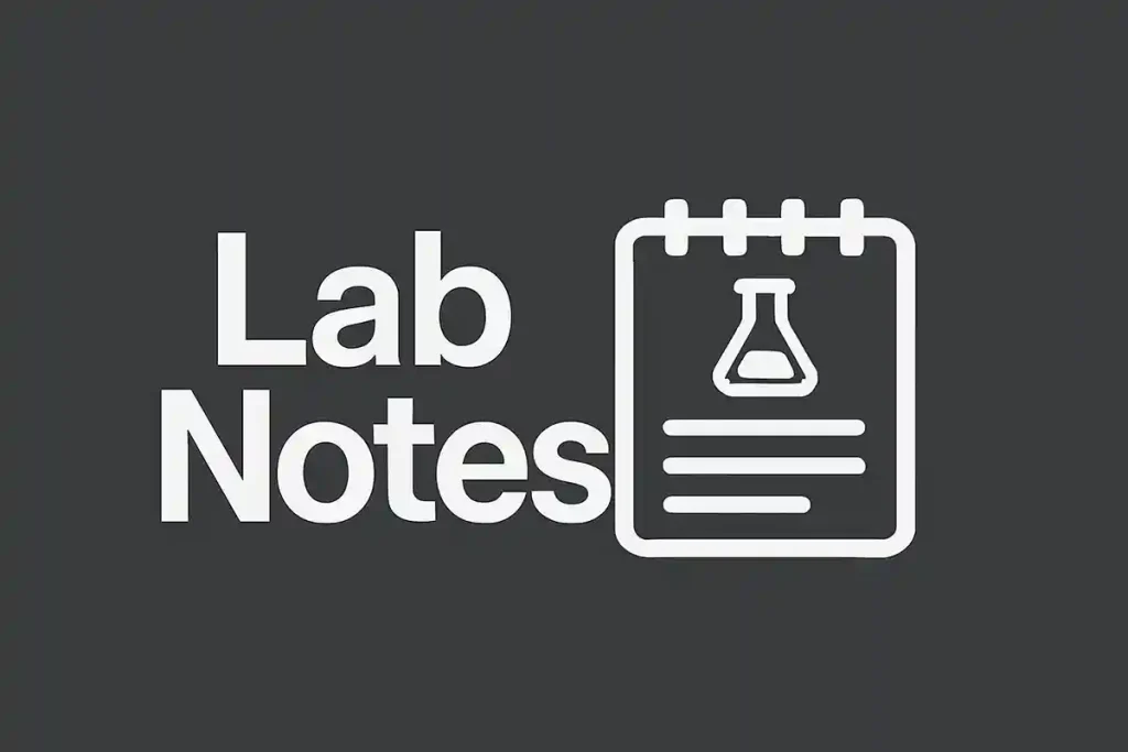 Lab Notes text next to a white notepad icon with a beaker on a dark gray background