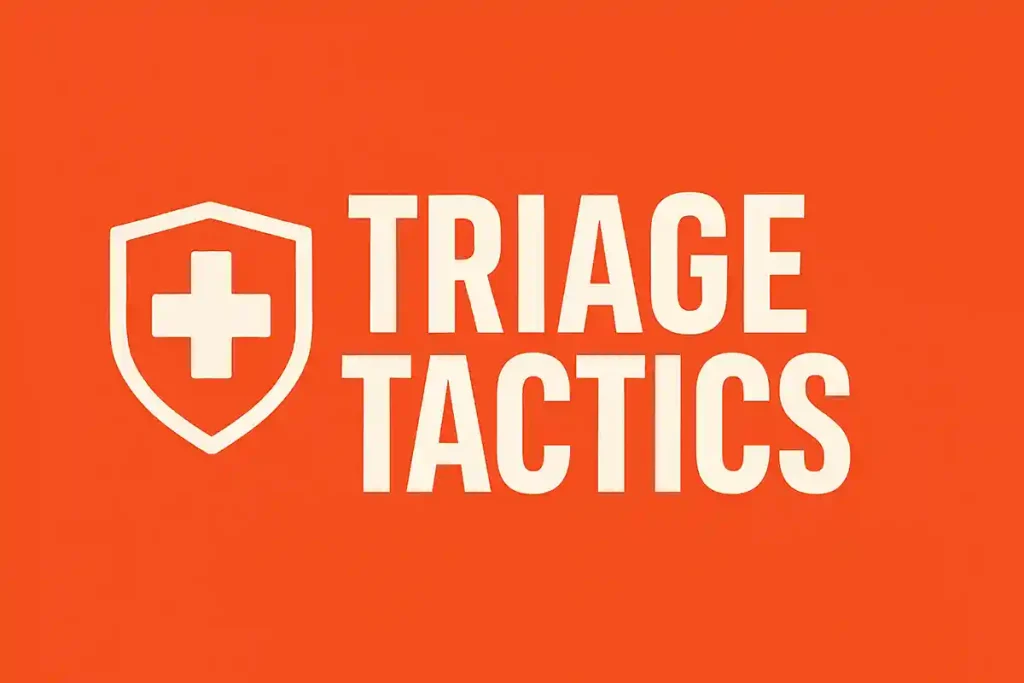 Triage Tactics text with a shield and white cross icon on a bold orange background