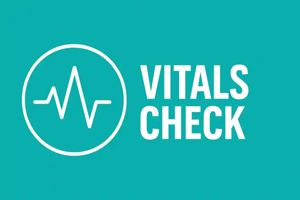 Vitals Check text beside a white ECG line inside a circle on a bright teal background