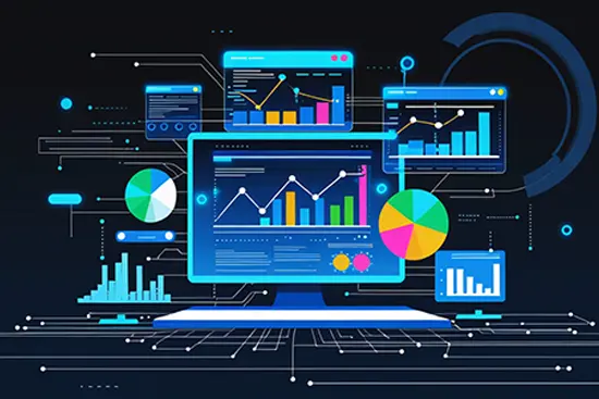 Futuristic digital dashboard showing analytics graphs, charts, and data points for our Marketing Audit Services.